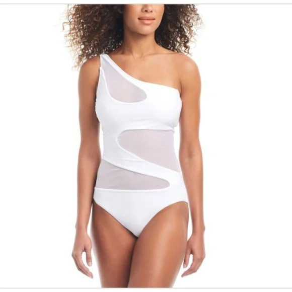 NWT Bar Iii Women's One-Shoulder Mesh Cutout Swimsuit, White, - Picture 1 of 1